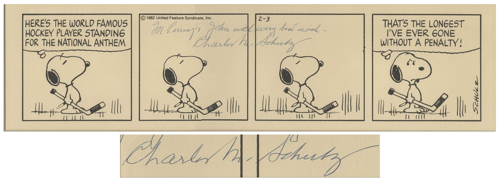 Charles Schulz Signed Copy of a ''Peanuts'' Comic Strip With Snoopy Playing Hockey